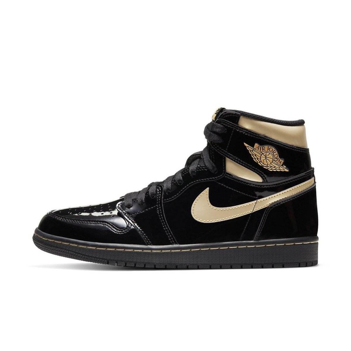 Air Jordan 1 Retro High Black Metallic Gold 2020 with patent leather upper and gold accents.