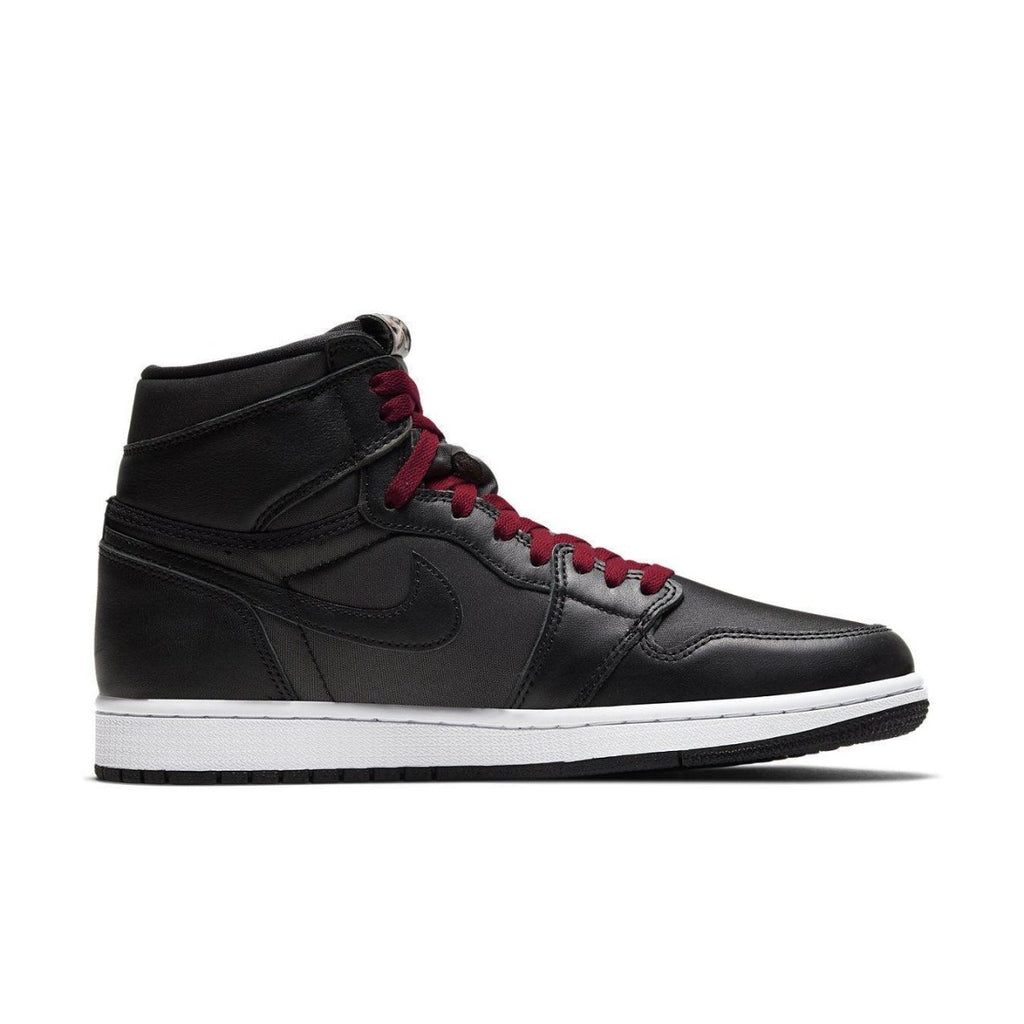 Air Jordan 1 Retro High Black Satin Gym Red sneaker with black leather and red laces, side view.