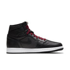 Air Jordan 1 Retro High Black Satin Gym Red sneaker with black leather and red laces, side view.