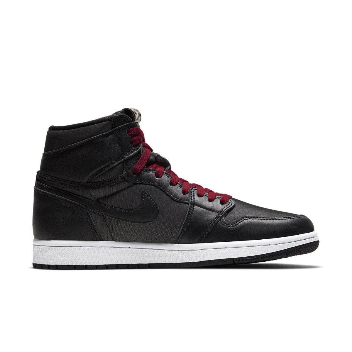 Air Jordan 1 Retro High Black Satin Gym Red sneaker with black leather and red laces, side view.