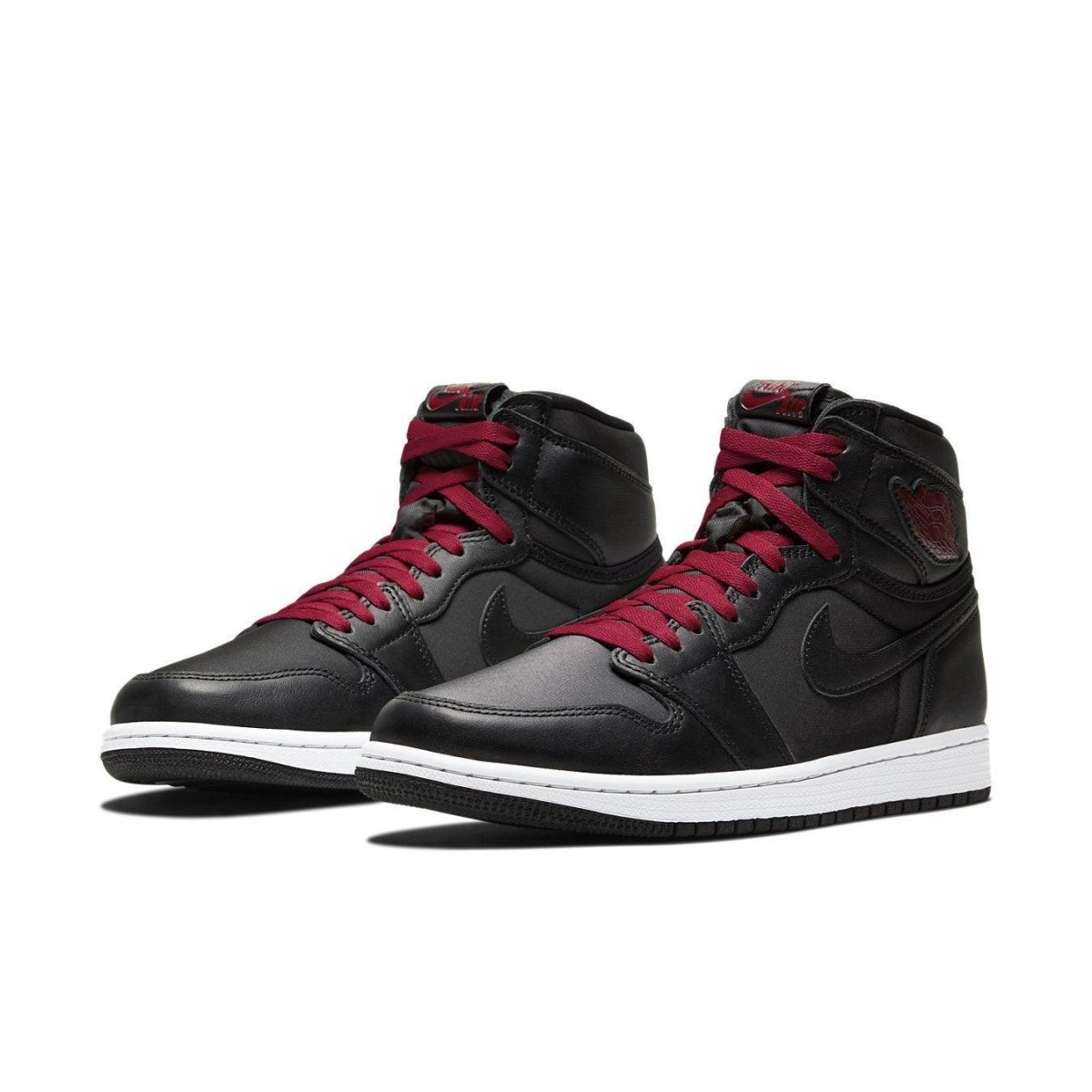 Air Jordan 1 Retro High Black Satin Gym Red sneakers with black leather and Gym Red accents.