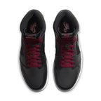 Top view of Air Jordan 1 Retro High Black Satin Gym Red sneakers featuring black leather and burgundy laces.