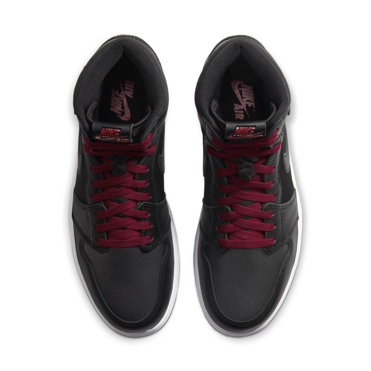 Top view of Air Jordan 1 Retro High Black Satin Gym Red sneakers featuring black leather and burgundy laces.