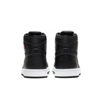 Back view of Jordan 1 Retro High Black Satin Gym Red sneaker showing sleek black leather design and Gym Red accents.