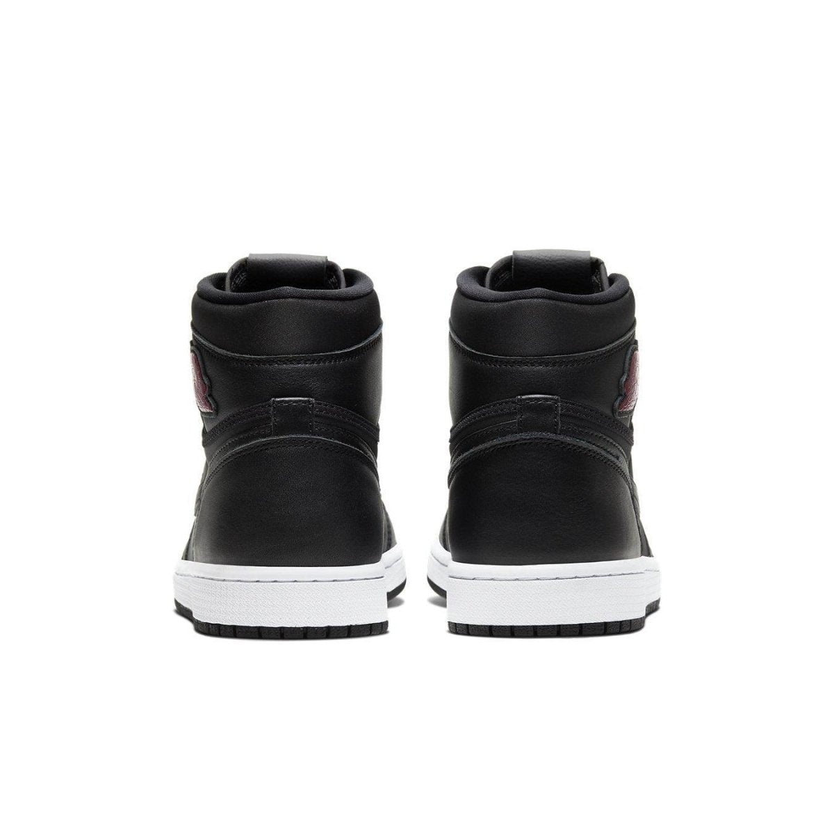Back view of Jordan 1 Retro High Black Satin Gym Red sneaker showing sleek black leather design and Gym Red accents.