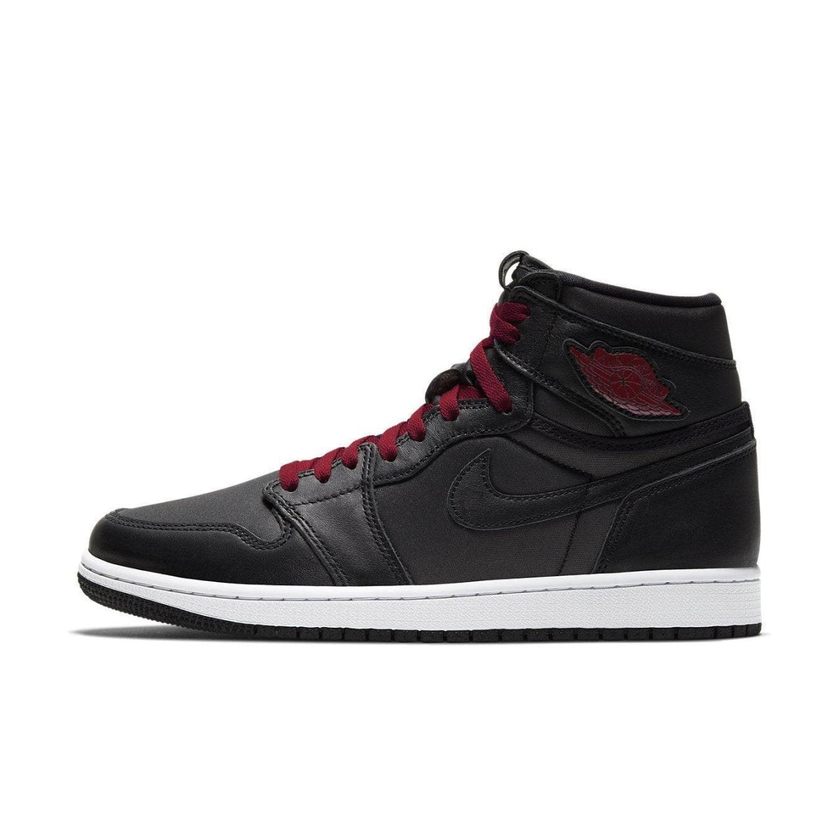 Air Jordan 1 Retro High Black Satin Gym Red sneaker with leather upper and red accents, showcasing classic basketball style.