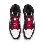 Jordan 1 Retro High Bloodline top view showcasing black, red, and white colorway with iconic swoosh design.