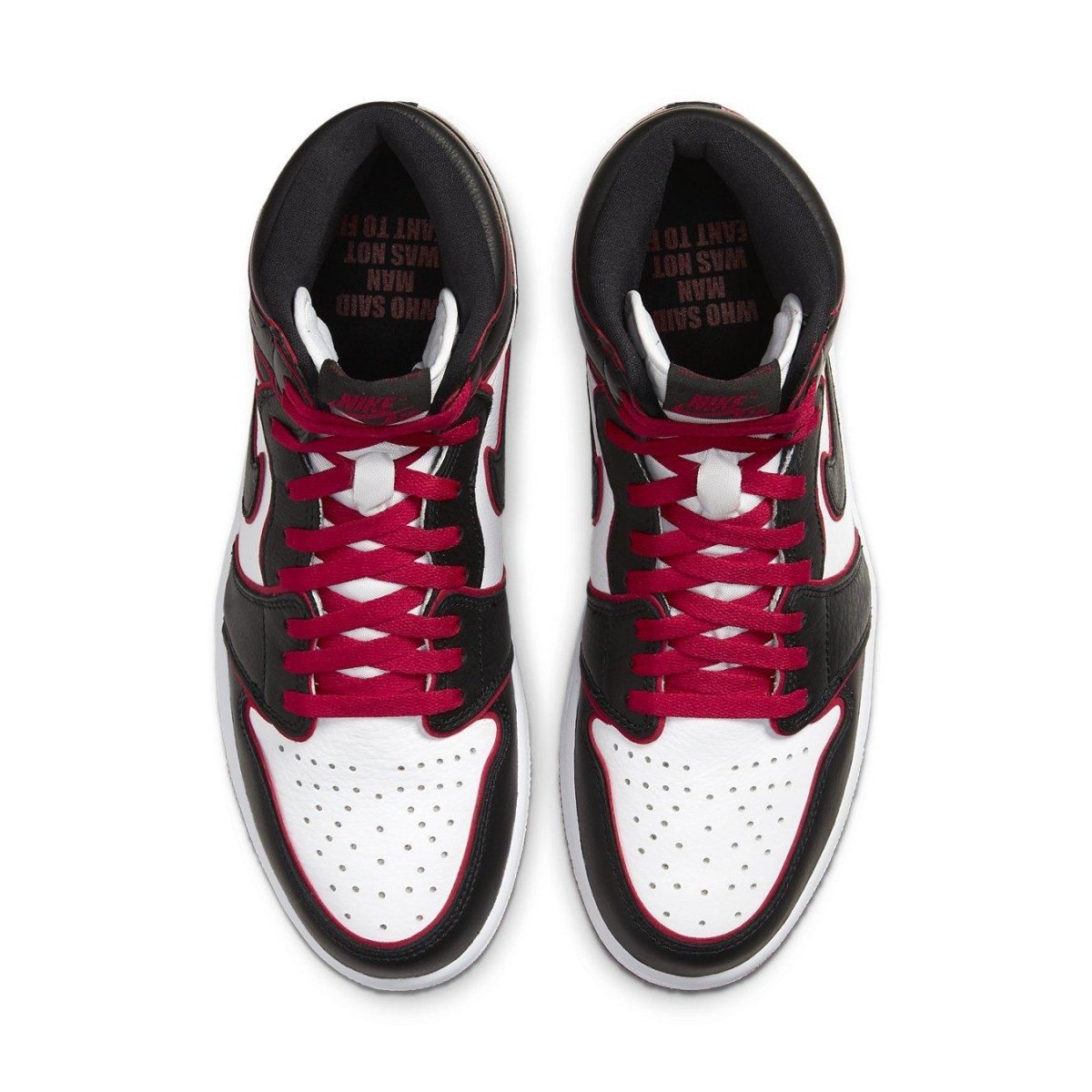 Jordan 1 Retro High Bloodline top view showcasing black, red, and white colorway with iconic swoosh design.