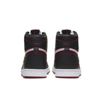 Retro Jordan 1 Bloodline black and red sneakers, showing the back view with iconic design elements.