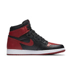 Jordan 1 Retro High Bred Banned sneaker featuring black and red leather design.