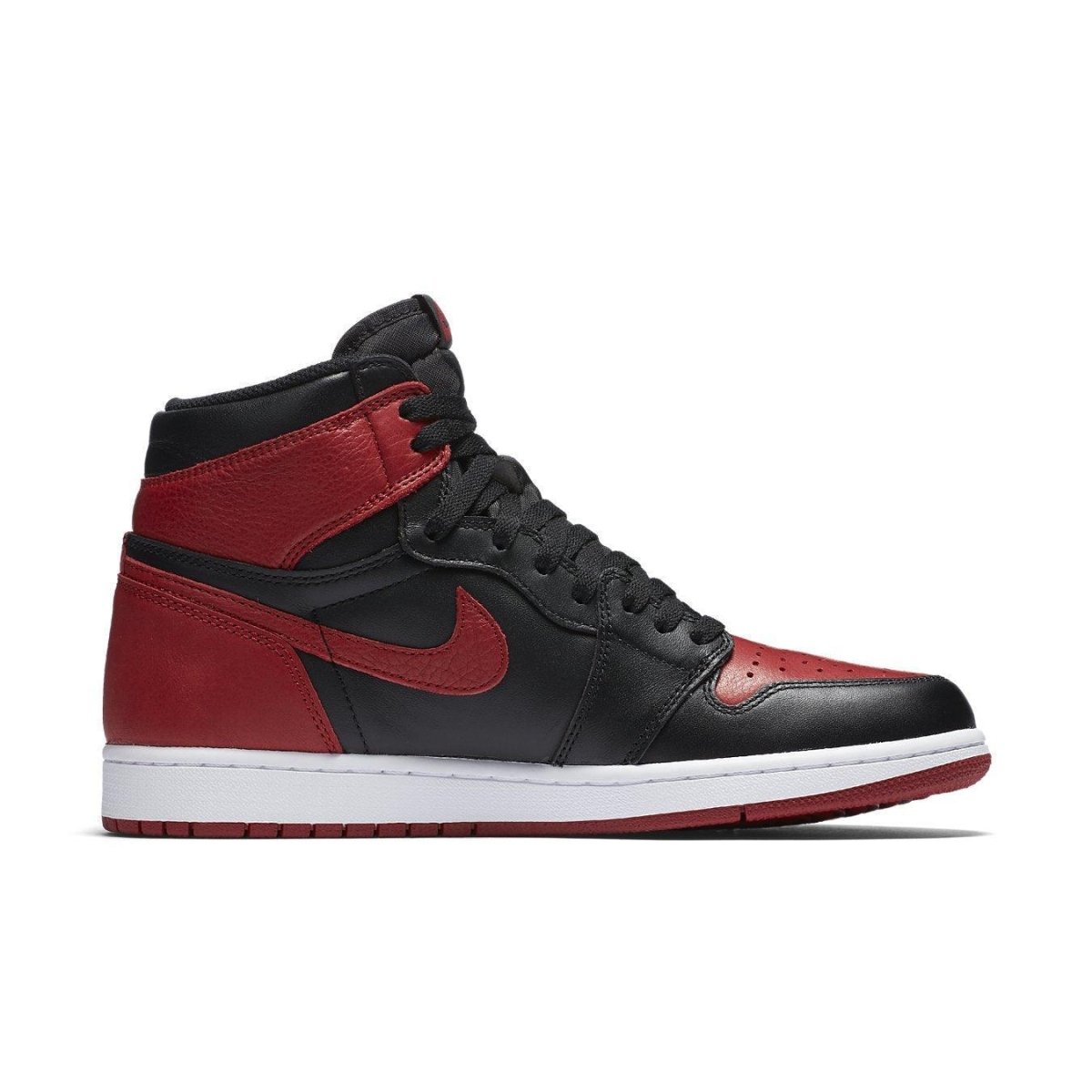 Jordan 1 Retro High Bred Banned sneaker featuring black and red leather design.