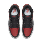 Nike Air Jordan 1 Retro High Bred Banned 2016 sneakers in black and red colorway, top view.