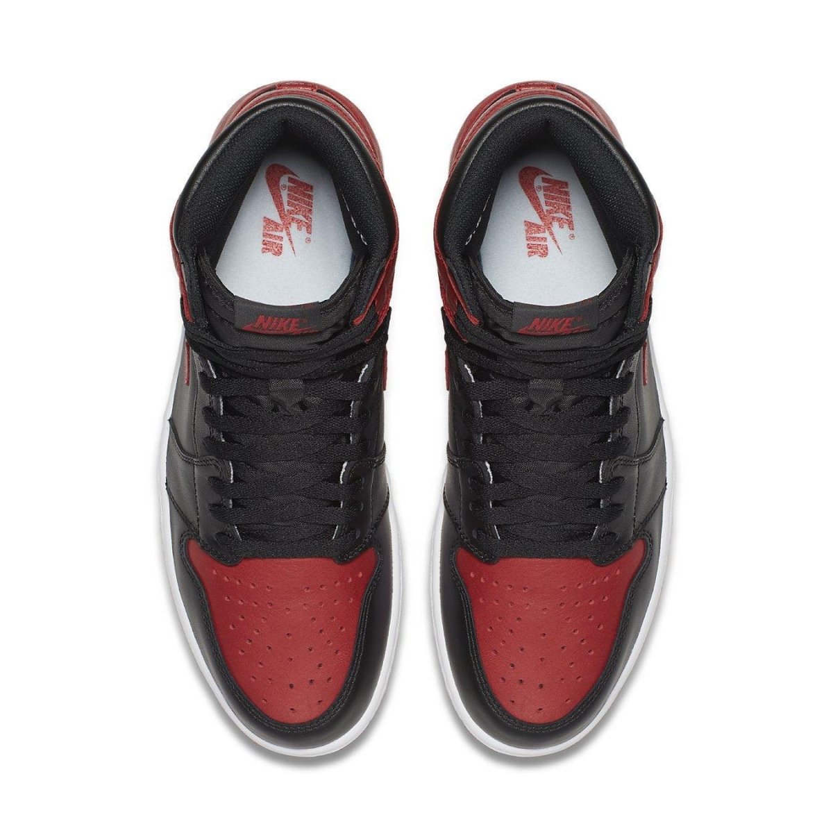 Nike Air Jordan 1 Retro High Bred Banned 2016 sneakers in black and red colorway, top view.