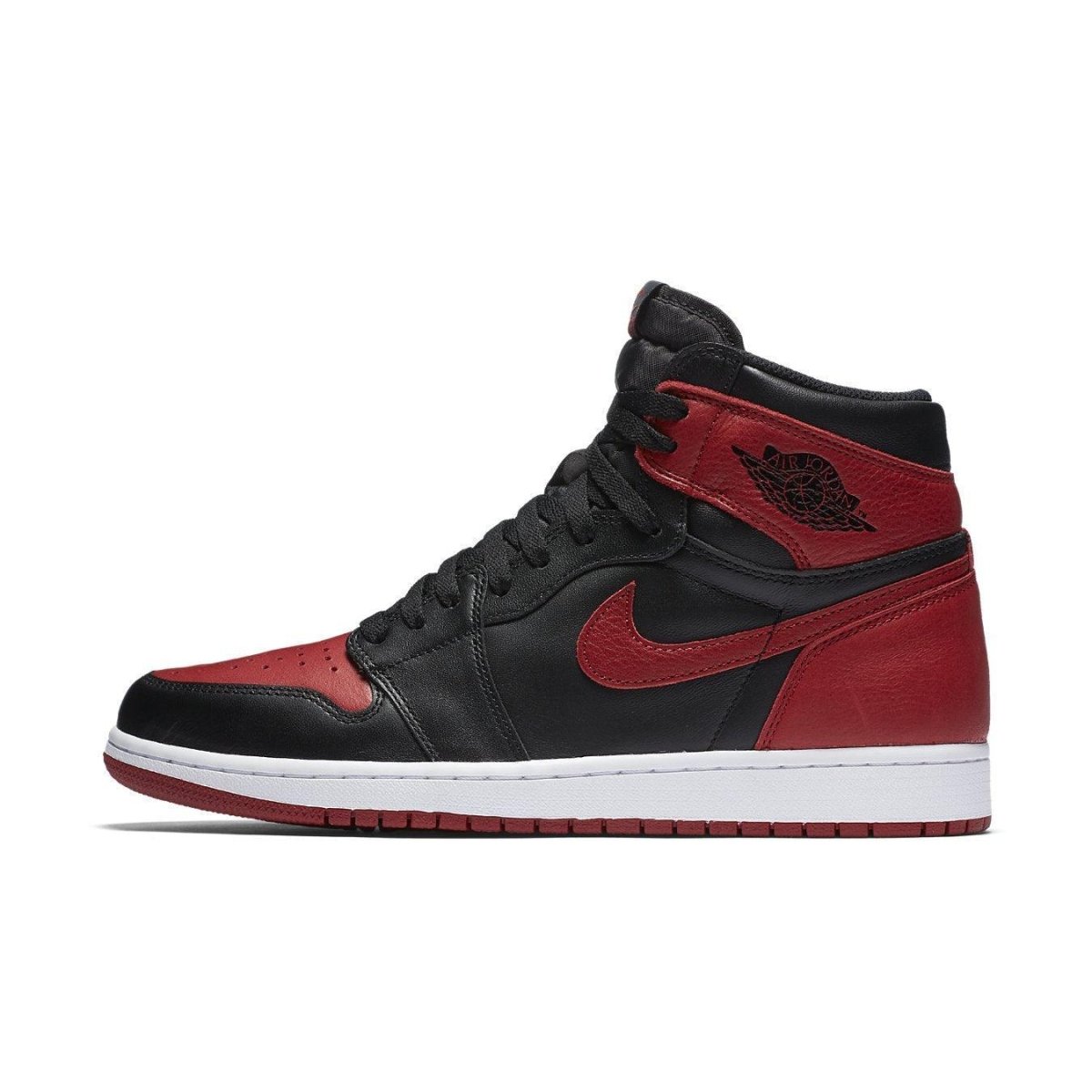 Air Jordan 1 Retro High Bred Banned (2016) sneakers in black and red with white sole, iconic design.