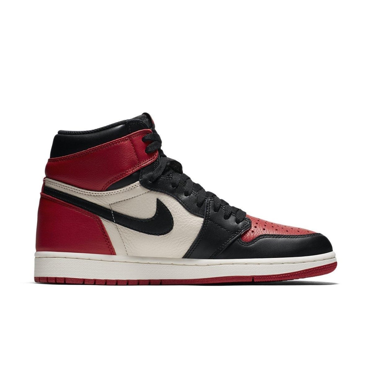 Jordan 1 Retro High Bred Toe sneaker featuring red, black, and white leather design.