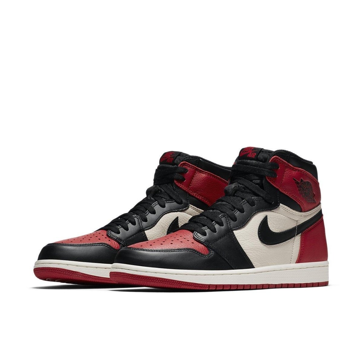 Air Jordan 1 Retro High Bred Toe sneakers featuring black, red, and white leather design.