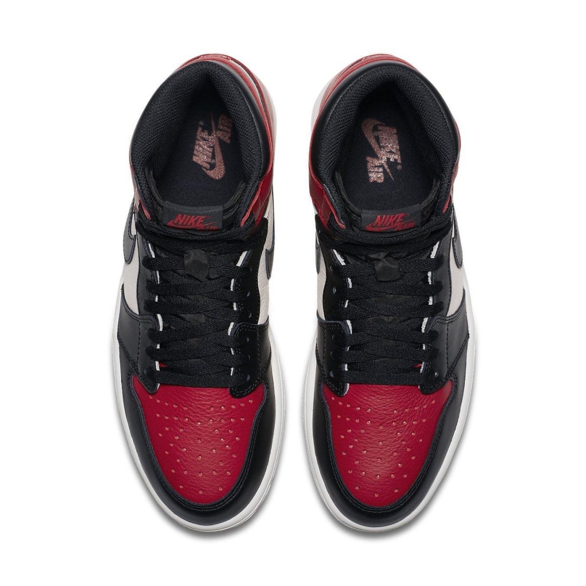 Top view of Nike Air Jordan 1 Retro High Bred Toe sneaker featuring black, red, and white leather design.