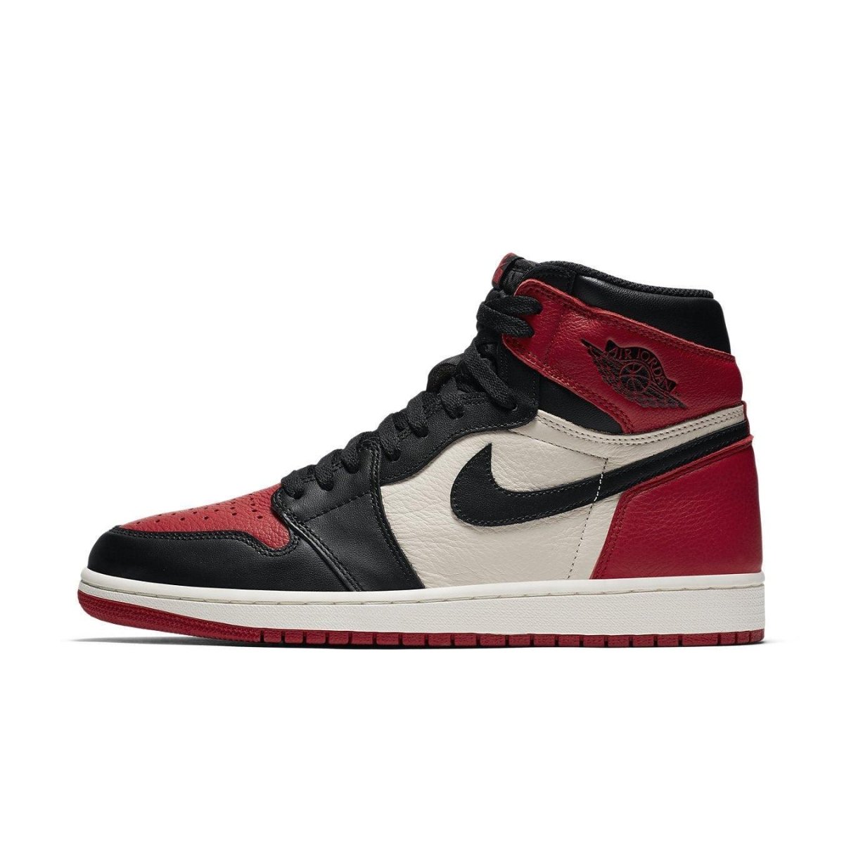 Nike Air Jordan 1 Retro High Bred Toe sneaker in black, red, and white colorway with iconic design.