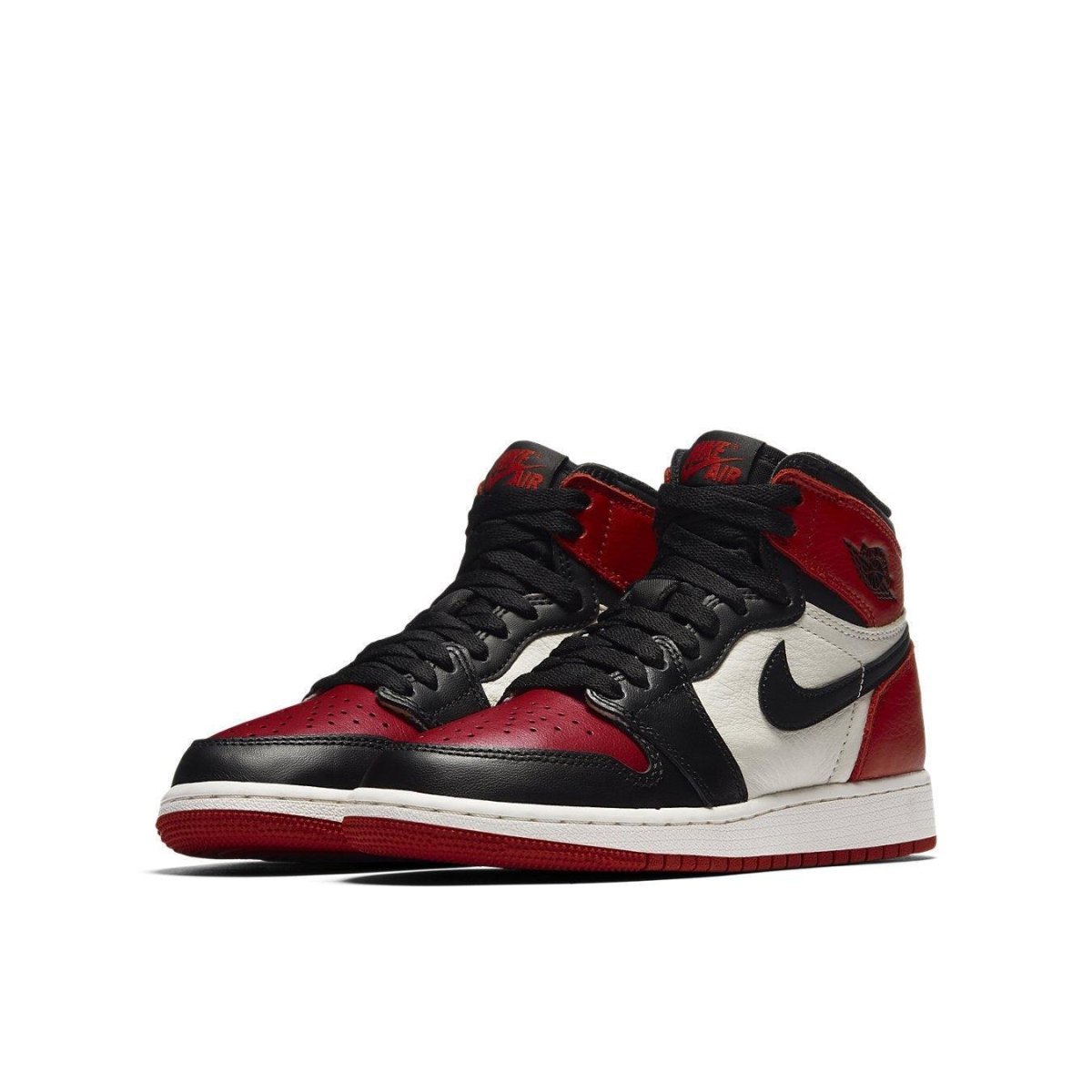 Jordan 1 Retro High Bred Toe (GS) sneaker featuring black, red, and white leather design with iconic Swoosh.