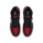 Air Jordan 1 Retro High Bred Toe (GS) sneakers in black, red, and white with iconic silhouette.