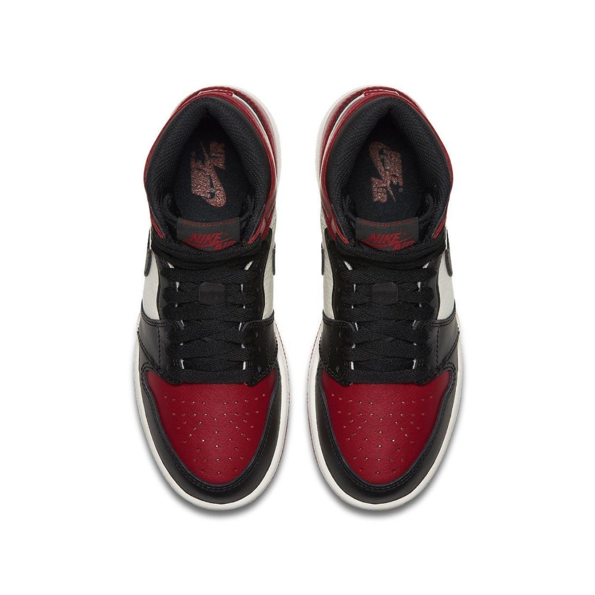 Air Jordan 1 Retro High Bred Toe (GS) sneakers in black, red, and white with iconic silhouette.