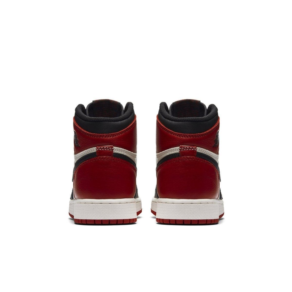 Back view of Jordan 1 Retro High Bred Toe sneakers showcasing red leather and black accents.