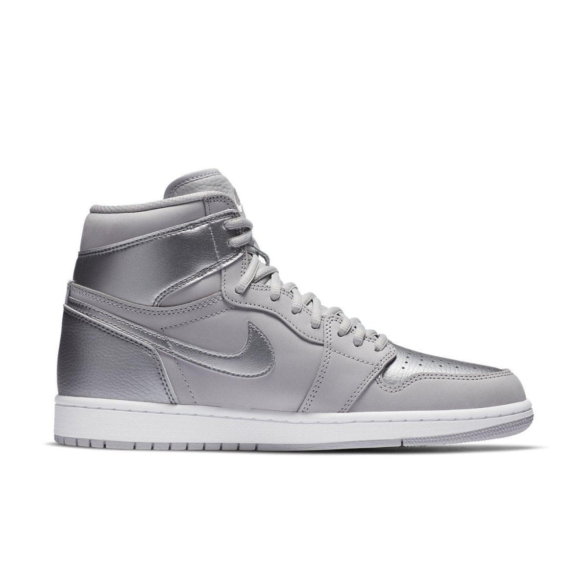 Jordan 1 Retro High OG CO.JP in neutral grey with metallic silver details and white sole.