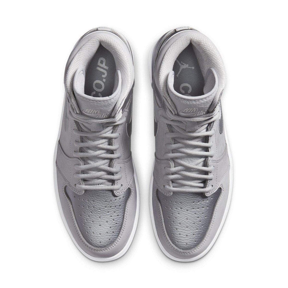 Air Jordan 1 Retro High CO Japan Neutral Grey 2020 top view with grey nubuck and metallic silver details.