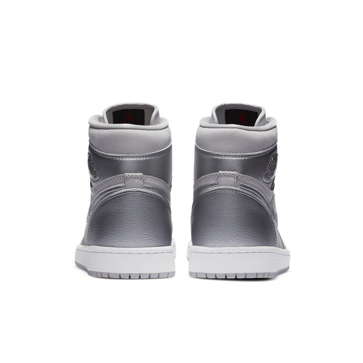 Back view of the Jordan 1 Retro High CO Japan Neutral Grey (2020) showcasing metallic silver details.