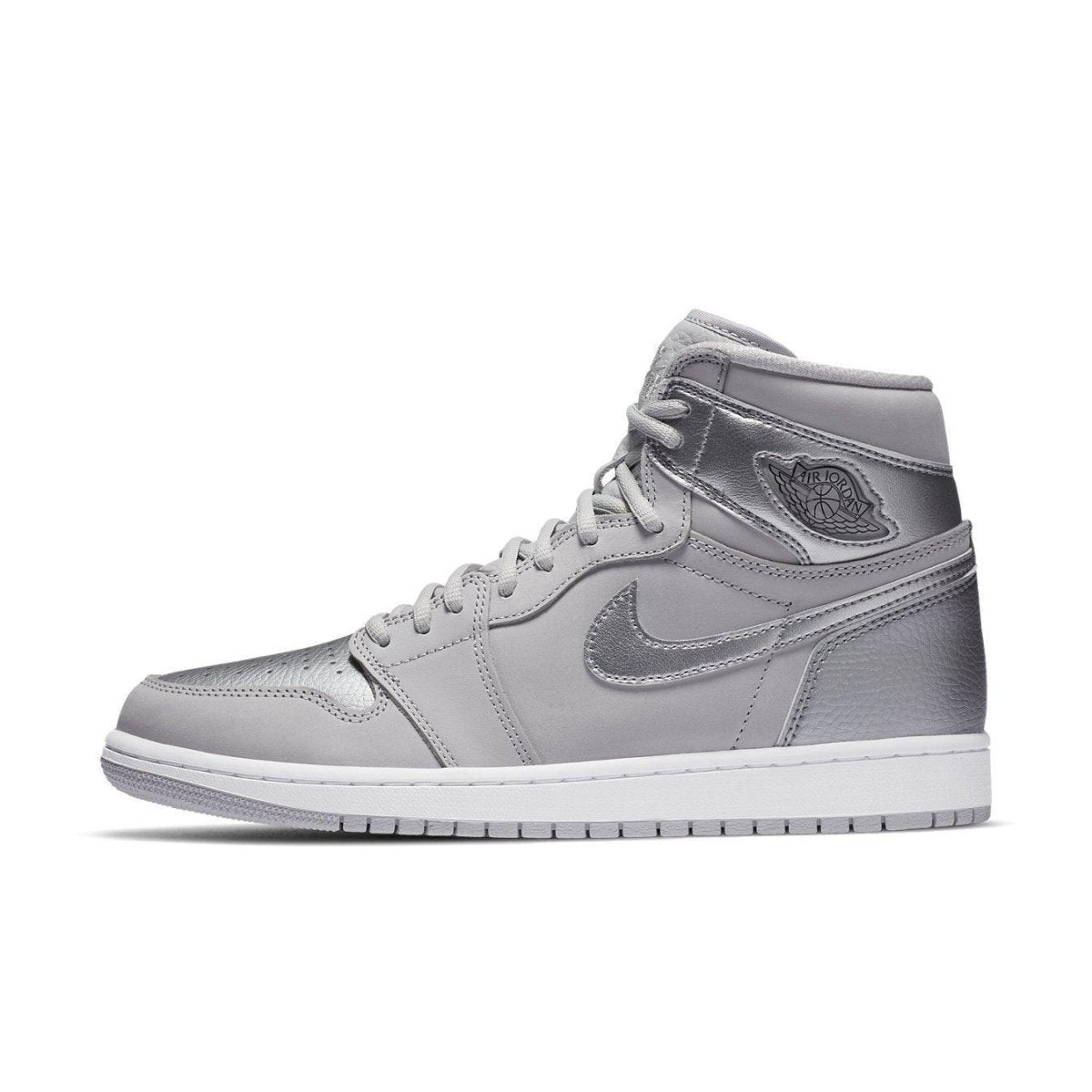 Air Jordan 1 Retro High CO Japan Neutral Grey (2020) with metallic silver details and Nike Air branding.