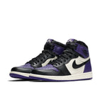 Air Jordan 1 Retro High Court Purple sneakers featuring black, white, and Court Purple leather color-blocking.