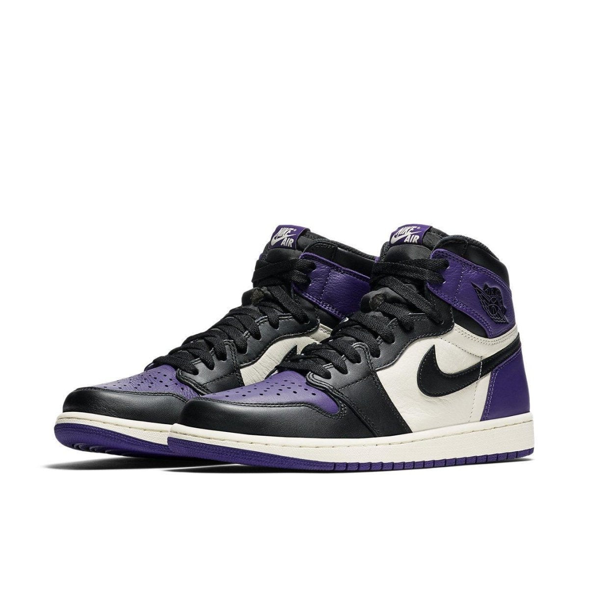 Air Jordan 1 Retro High Court Purple sneakers featuring black, white, and Court Purple leather color-blocking.