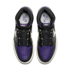 Air Jordan 1 Retro High 'Court Purple' sneaker featuring black and purple leather upper, white quarter panel, and black Swoosh.