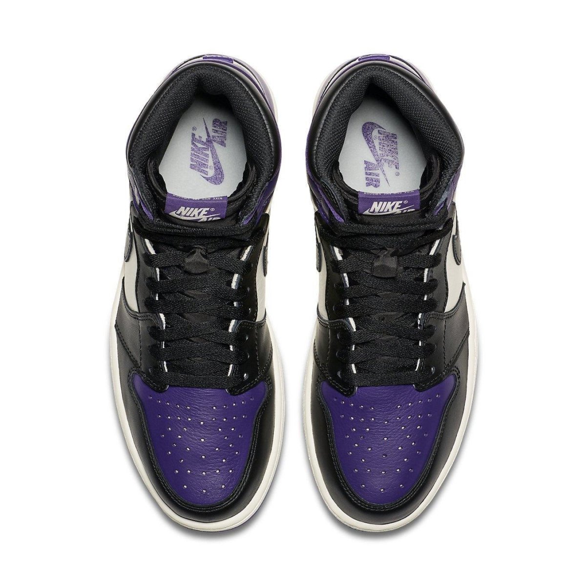 Air Jordan 1 Retro High 'Court Purple' sneaker featuring black and purple leather upper, white quarter panel, and black Swoosh.