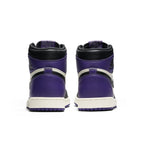 Back view of Air Jordan 1 Retro High Court Purple sneakers featuring Court Purple and black leather design.