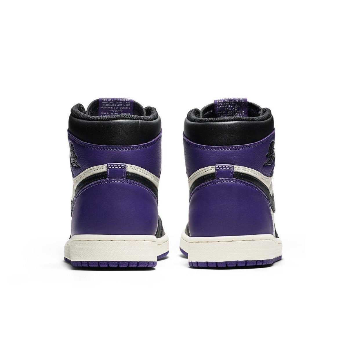 Back view of Air Jordan 1 Retro High Court Purple sneakers featuring Court Purple and black leather design.