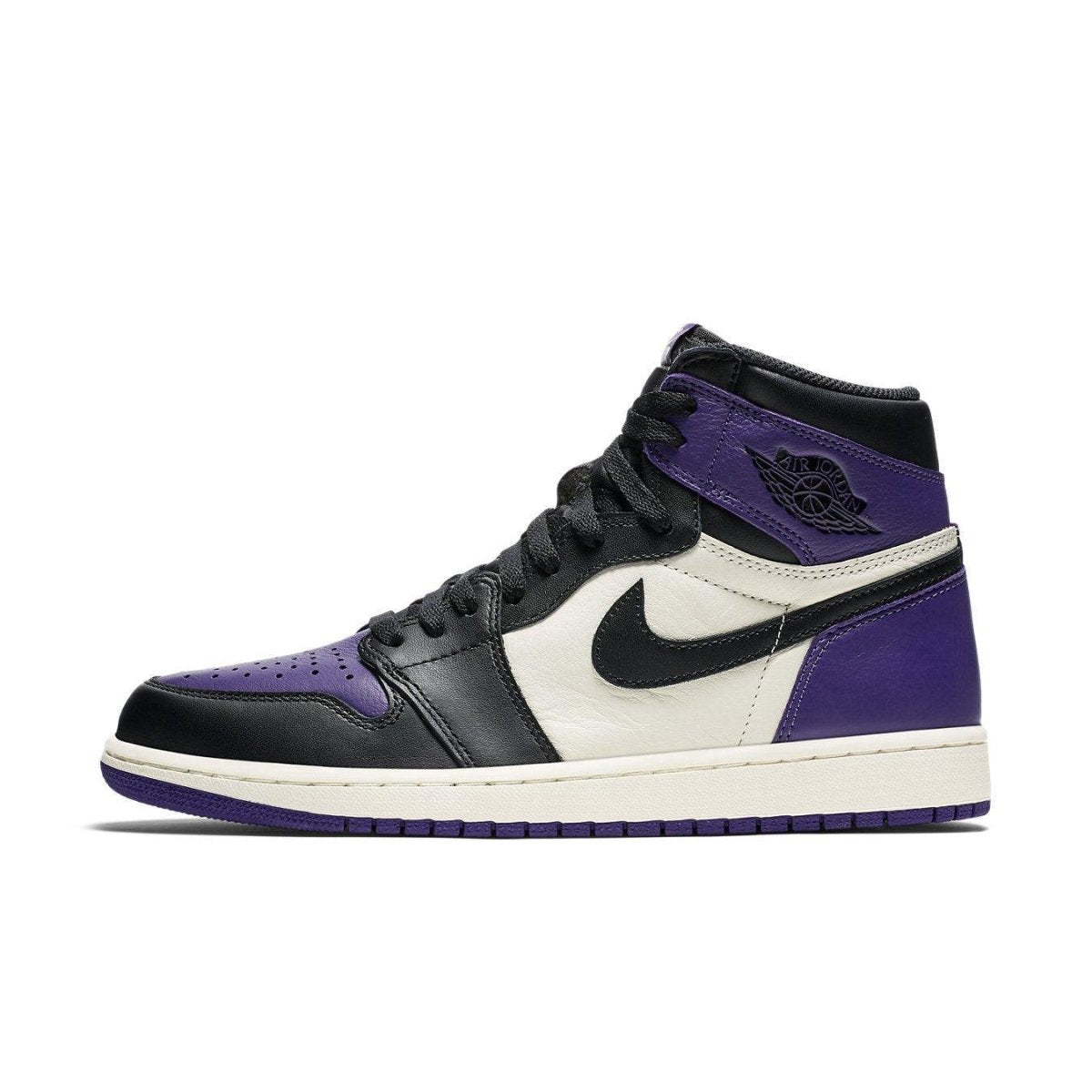Air Jordan 1 Retro High OG 'Court Purple' sneaker featuring leather upper, purple, black, and white colorway.