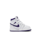Jordan 1 Retro High Court Purple (TD) sneakers in white and purple, stylish design for toddlers, perfect for casual wear.