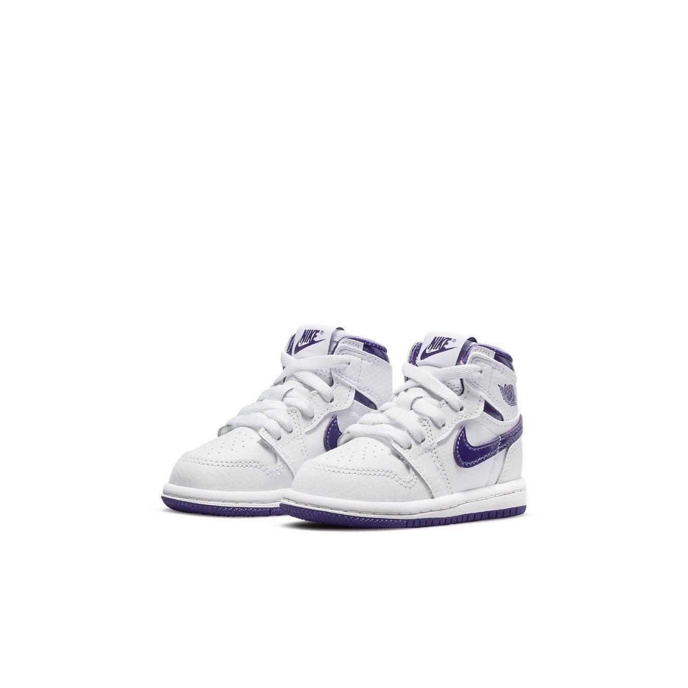 Jordan 1 Retro High Court Purple Toddler sneakers in white and purple, stylish and comfortable for young kids.