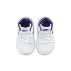 Nike Jordan 1 Retro High Court Purple (TD) sneakers in white and purple, 2021 model, top view.