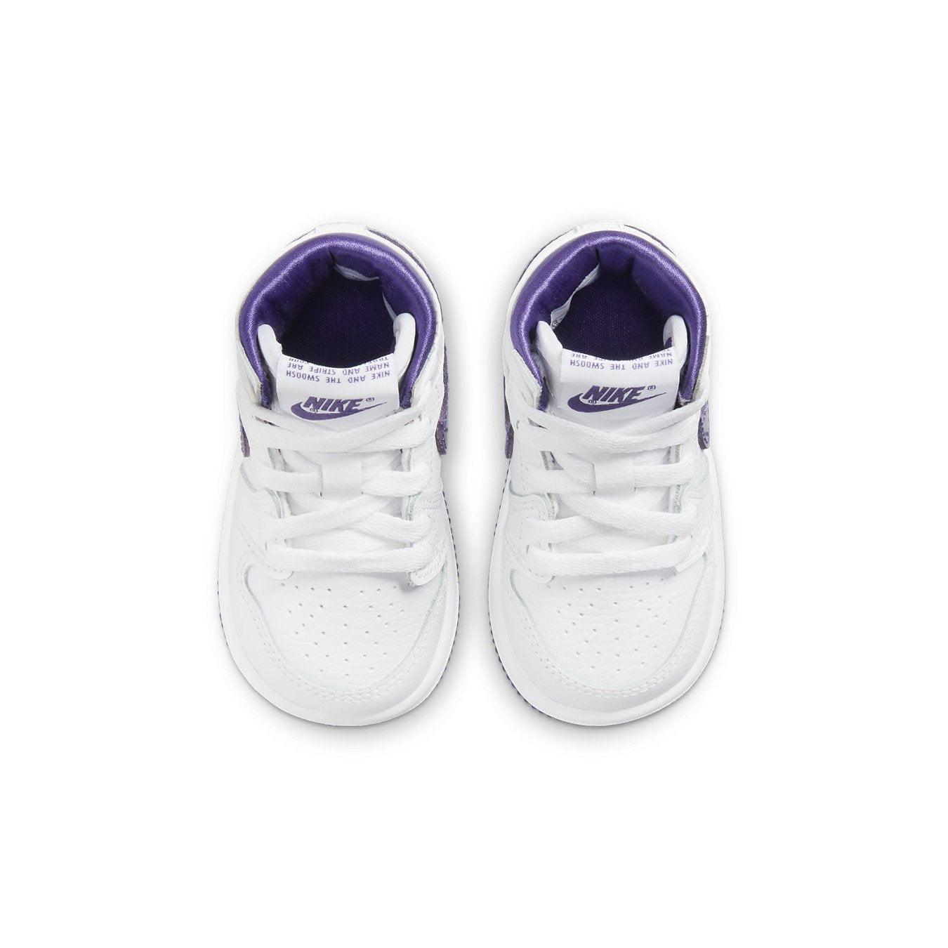 Nike Jordan 1 Retro High Court Purple (TD) sneakers in white and purple, 2021 model, top view.