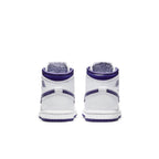 Back view of Jordan 1 Retro High Court Purple (TD) sneakers, featuring white leather and purple accents.