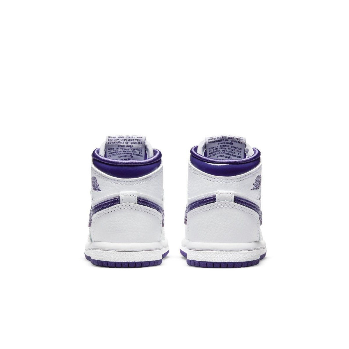 Back view of Jordan 1 Retro High Court Purple (TD) sneakers, featuring white leather and purple accents.