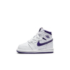 Jordan 1 Retro High Court Purple TD 2021 sneaker in white and purple colorway, showcasing its iconic design.