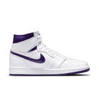 Air Jordan 1 Retro High Court Purple for women, featuring white leather with purple accents and classic Swoosh design.