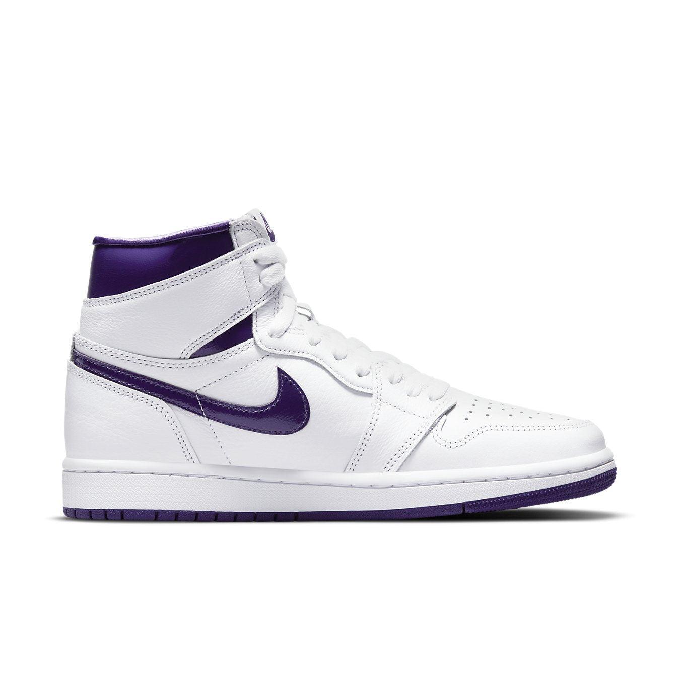 Air Jordan 1 Retro High Court Purple for women, featuring white leather with purple accents and classic Swoosh design.