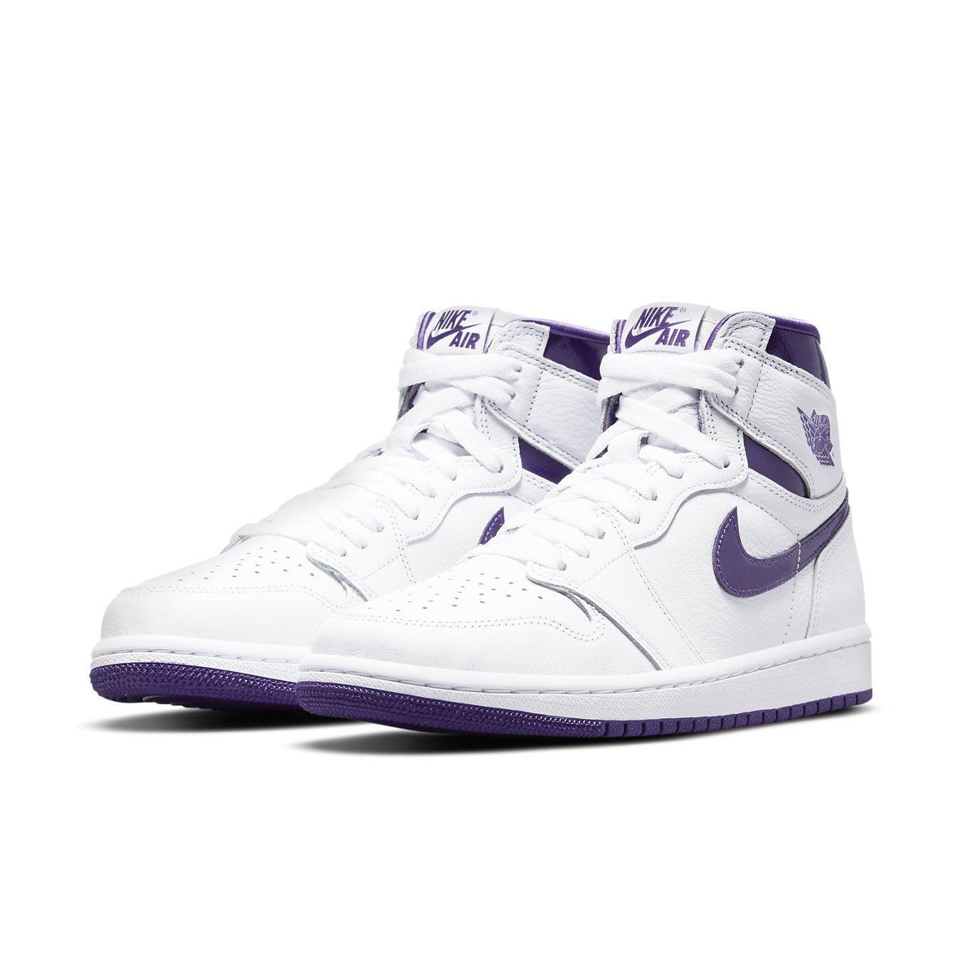 Jordan 1 Retro High Court Purple (W) in white and purple colorway, featuring Nike Air branding and classic Swoosh design.