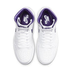 Air Jordan 1 Retro High Court Purple shoes for women, featuring white leather upper and purple accents.