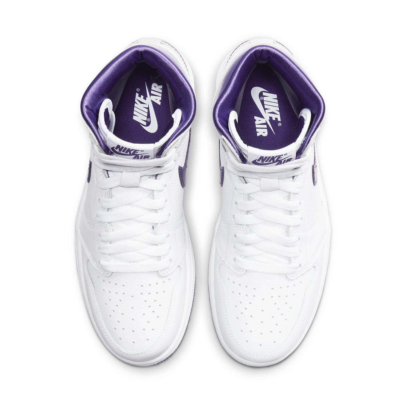 Air Jordan 1 Retro High Court Purple shoes for women, featuring white leather upper and purple accents.