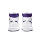 Back view of the Air Jordan 1 Retro High Court Purple (W) showcasing white leather and purple accents.